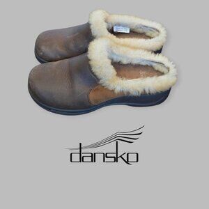 Dansko Brown Fur Trim Leather Mules Clogs Womens 6.5  EU 37